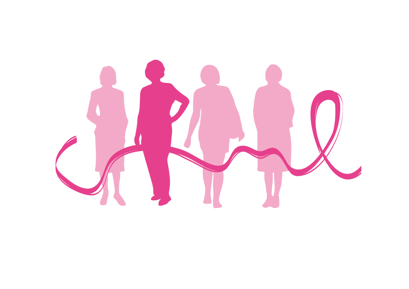wypełniony kontur 4 kobiet, kobiety maja kolor różowy, różowy symbol walki z rakiem piersi